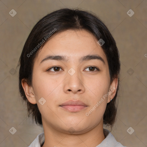 Neutral asian young-adult female with medium  brown hair and brown eyes