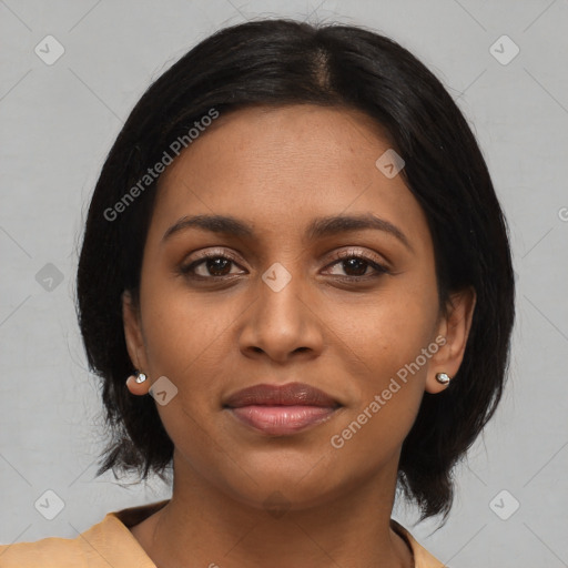 Joyful black young-adult female with medium  black hair and brown eyes