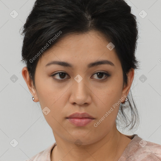 Neutral asian young-adult female with short  brown hair and brown eyes