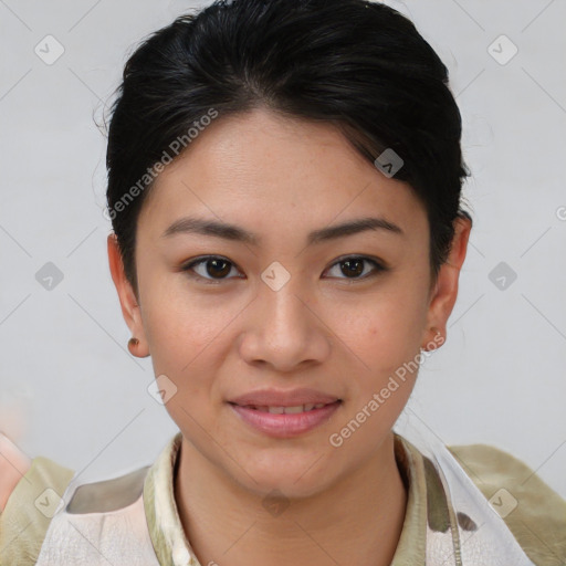 Joyful asian young-adult female with short  brown hair and brown eyes