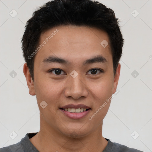 Joyful white young-adult male with short  black hair and brown eyes