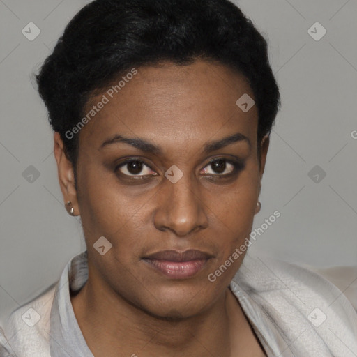 Neutral black young-adult female with short  black hair and brown eyes