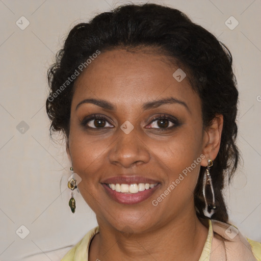 Joyful black young-adult female with medium  brown hair and brown eyes