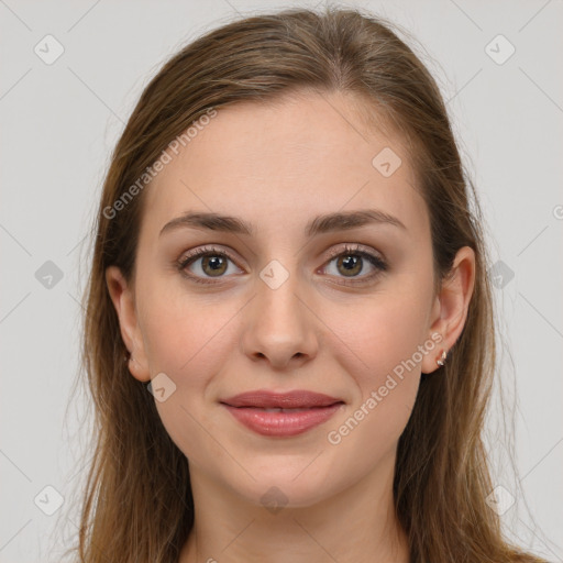 Joyful white young-adult female with long  brown hair and grey eyes