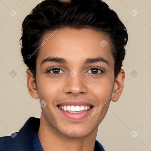 Joyful white young-adult male with short  black hair and brown eyes