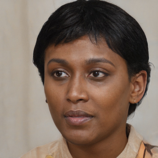 Neutral asian young-adult female with medium  brown hair and brown eyes