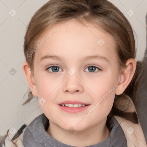 Joyful white child female with medium  brown hair and grey eyes