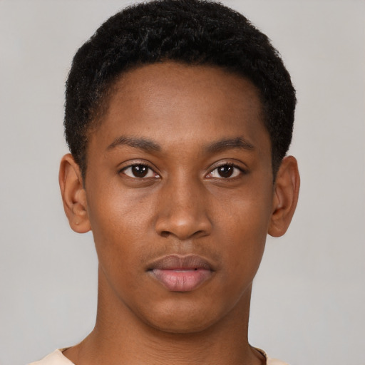 Neutral black young-adult male with short  black hair and brown eyes