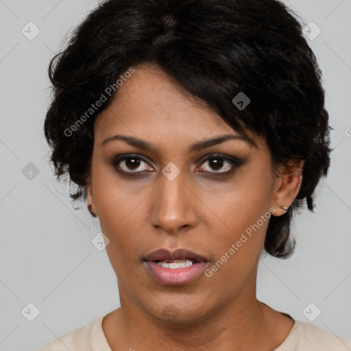 Neutral latino young-adult female with short  black hair and brown eyes