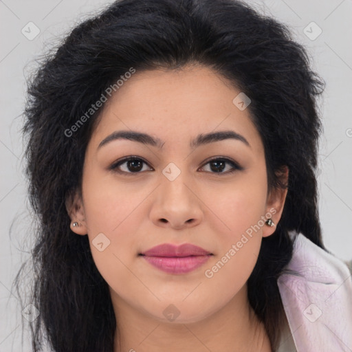 Joyful asian young-adult female with long  brown hair and brown eyes