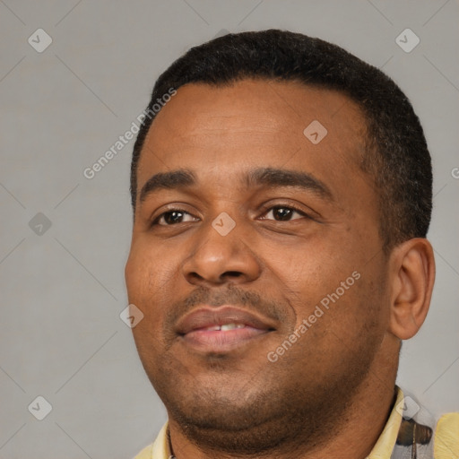 Neutral black adult male with short  black hair and brown eyes