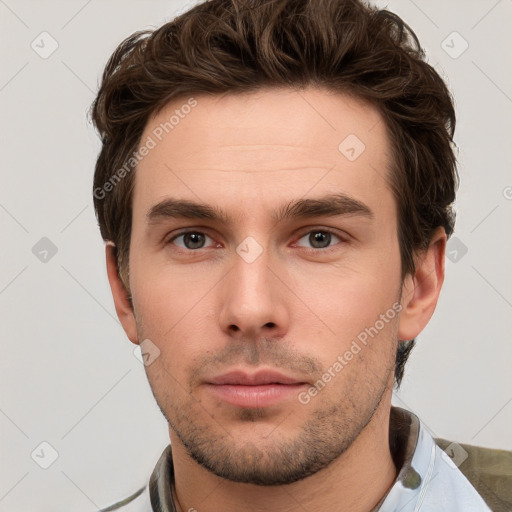 Neutral white young-adult male with short  brown hair and grey eyes