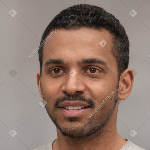 Neutral black young-adult male with short  black hair and brown eyes