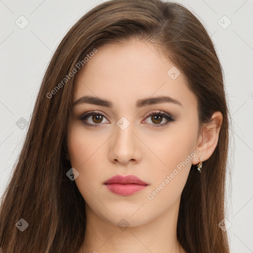 Neutral white young-adult female with long  brown hair and brown eyes