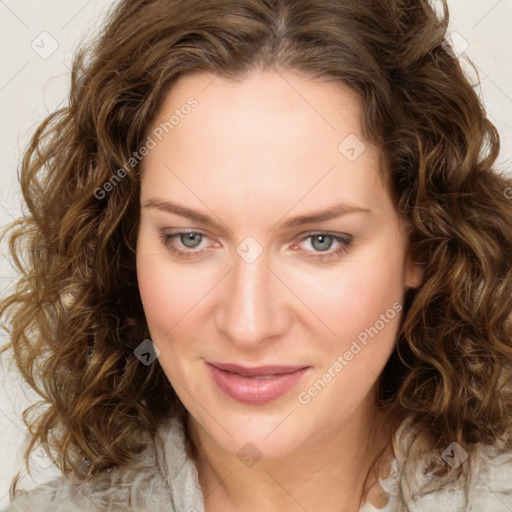 Joyful white young-adult female with medium  brown hair and green eyes