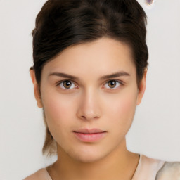 Neutral white young-adult female with short  brown hair and brown eyes