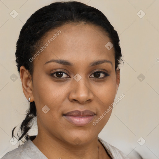 Joyful latino young-adult female with short  brown hair and brown eyes