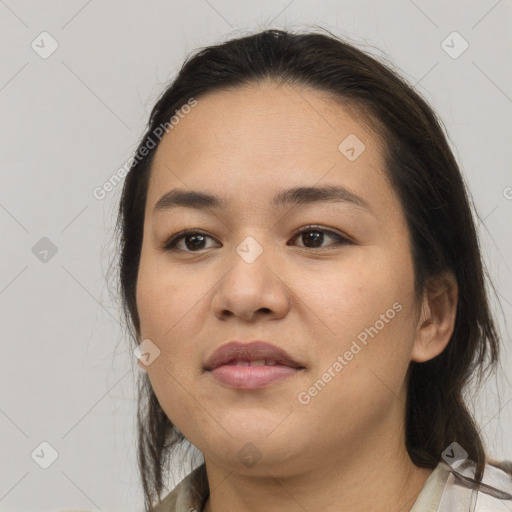 Joyful white young-adult female with medium  brown hair and brown eyes