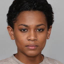 Neutral black young-adult female with short  black hair and brown eyes