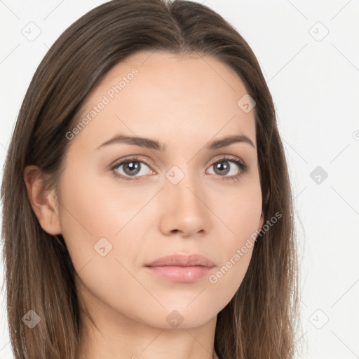 Neutral white young-adult female with long  brown hair and brown eyes