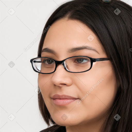 Neutral white young-adult female with long  brown hair and brown eyes