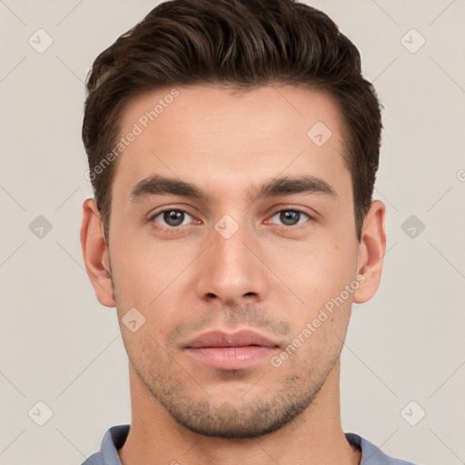 Neutral white young-adult male with short  brown hair and brown eyes