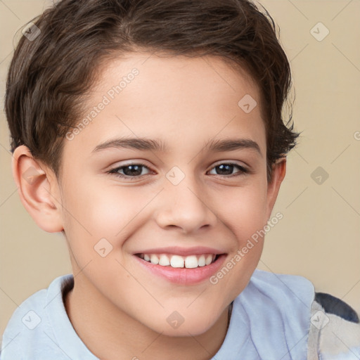 Joyful white child female with short  brown hair and brown eyes