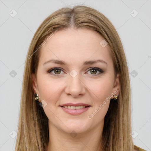 Joyful white young-adult female with long  brown hair and green eyes