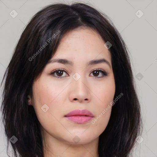 Neutral asian young-adult female with medium  brown hair and brown eyes