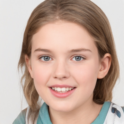 Joyful white child female with medium  brown hair and blue eyes