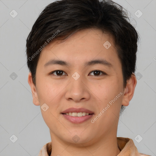 Joyful white young-adult female with short  brown hair and brown eyes