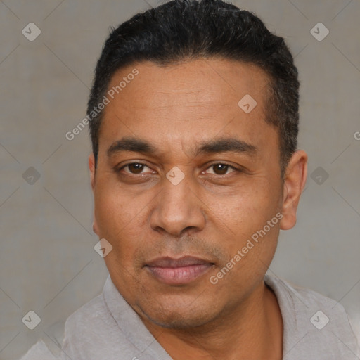 Neutral latino adult male with short  black hair and brown eyes