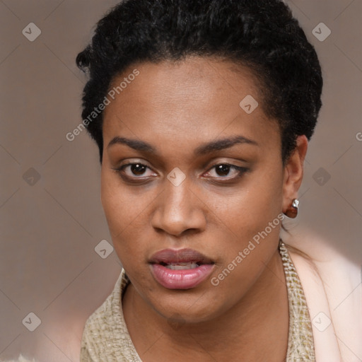 Neutral black young-adult female with short  brown hair and brown eyes