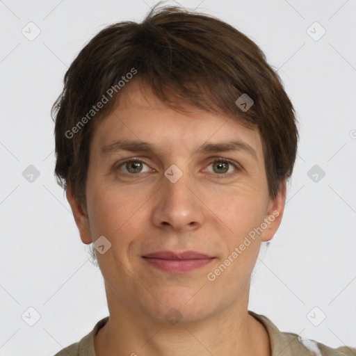 Joyful white adult male with short  brown hair and grey eyes