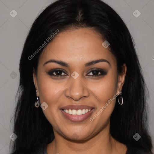 Joyful latino young-adult female with long  brown hair and brown eyes