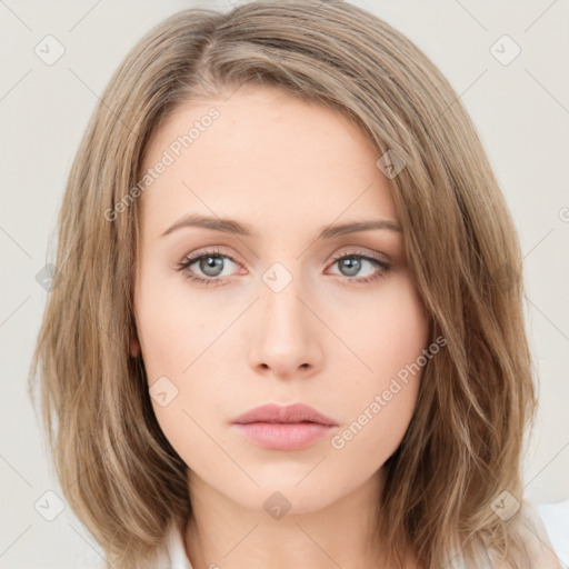 Neutral white young-adult female with medium  brown hair and green eyes