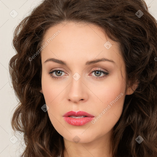 Neutral white young-adult female with long  brown hair and brown eyes