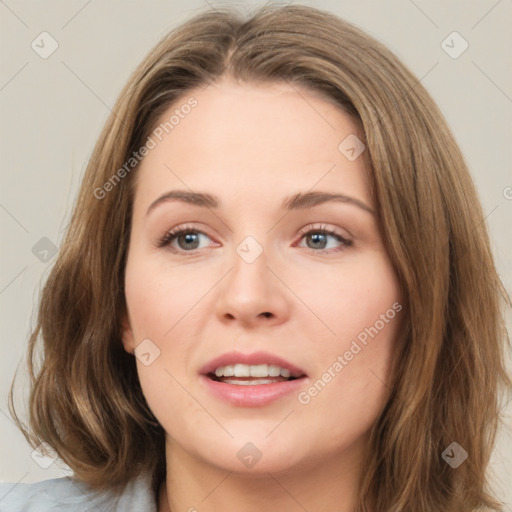 Joyful white young-adult female with medium  brown hair and green eyes