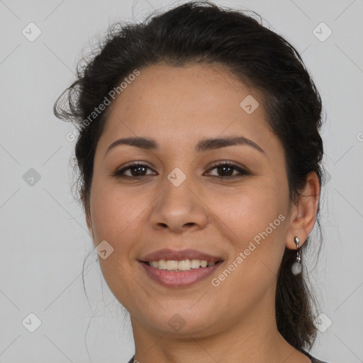 Joyful asian young-adult female with long  brown hair and brown eyes