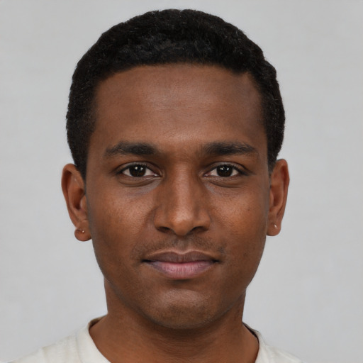 Neutral black young-adult male with short  black hair and brown eyes