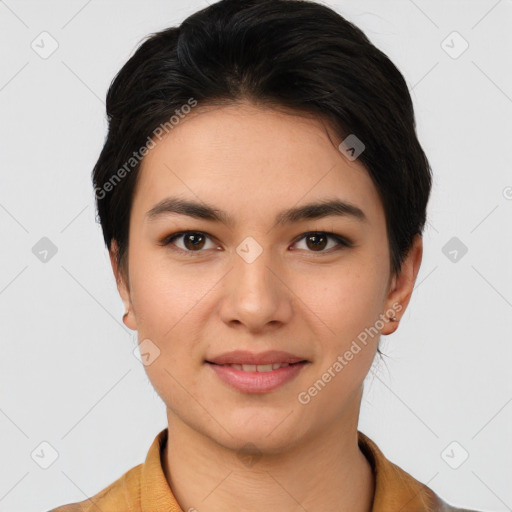 Joyful latino young-adult female with short  brown hair and brown eyes