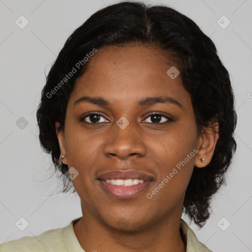 Joyful black young-adult female with medium  black hair and brown eyes