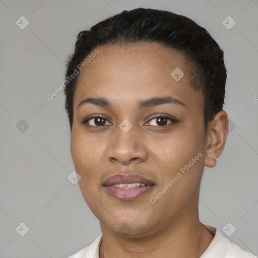 Joyful latino young-adult female with short  brown hair and brown eyes