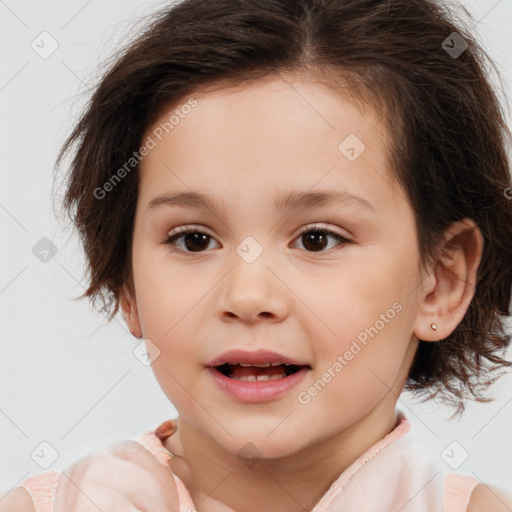 Joyful white child female with medium  brown hair and brown eyes