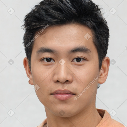 Neutral asian young-adult male with short  black hair and brown eyes