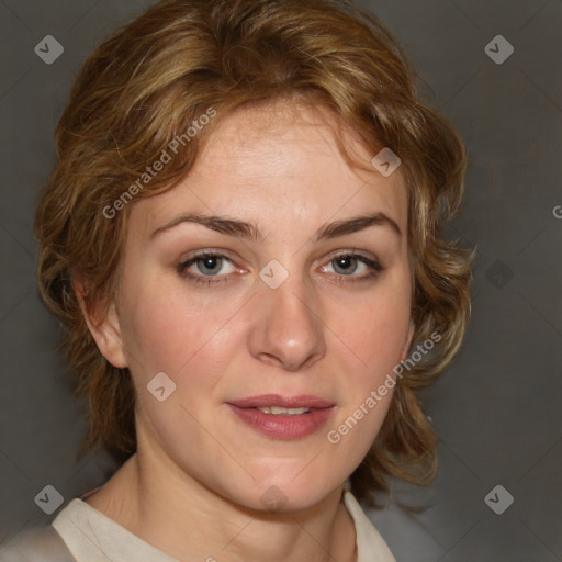 Joyful white young-adult female with medium  brown hair and blue eyes