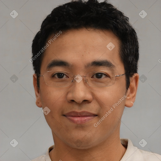 Joyful asian young-adult male with short  black hair and brown eyes