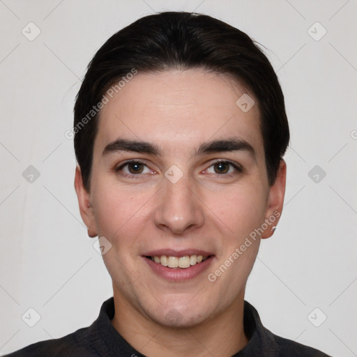 Joyful white young-adult male with short  brown hair and brown eyes