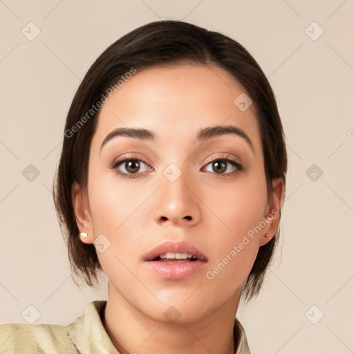 Neutral white young-adult female with medium  brown hair and brown eyes