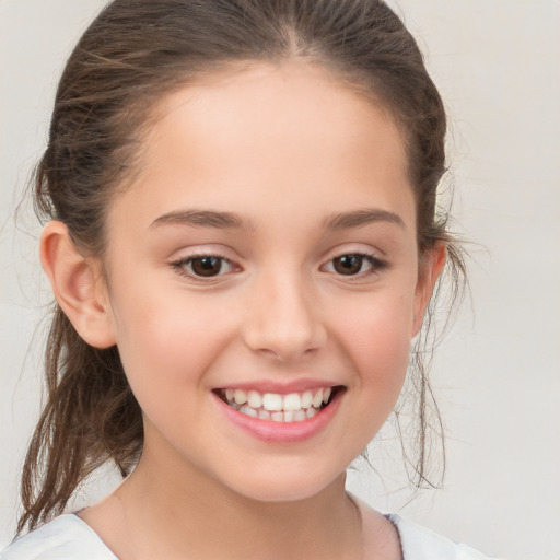 Joyful white child female with medium  brown hair and brown eyes